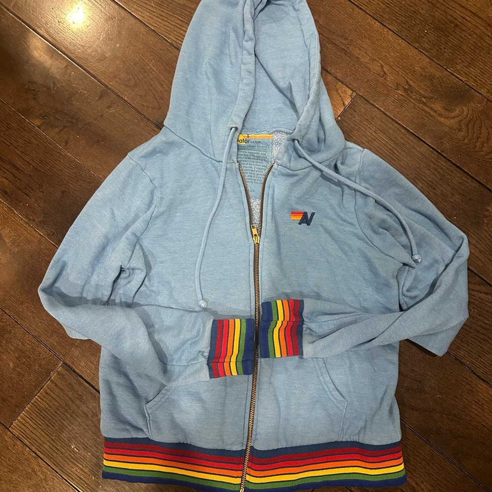 Aviator Nation small blue rainbow zip up hoodie
